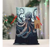 RLDOBOFE Reusable Gift Wrapping Bag for Holiday Party FavorsCool Octopus Christmas Gift Bag Burlap Xmas Drawstring Gift Sack with Tag & Tie, Medium Christmas Bags for Gifts