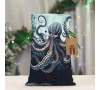 RLDOBOFE Reusable Gift Wrapping Bag for Holiday Party FavorsCool Octopus Christmas Gift Bag Burlap Xmas Drawstring Gift Sack with Tag & Tie, Small Christmas Bags for Gifts