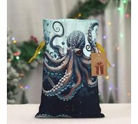 RLDOBOFE Reusable Gift Wrapping Bag for Holiday Party FavorsCool Octopus Christmas Gift Bag Burlap Xmas Drawstring Gift Sack with Tag & Tie, Medium Christmas Bags for Gifts