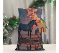 RLDOBOFE Reusable Gift Wrapping Bag for Holiday Party FavorsHorses Red Glowing Clouds Christmas Gift Bag Burlap Xmas Drawstring Gift Sack with Tag & Tie, Medium Christmas Bags for Gifts