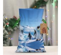 RLDOBOFE Reusable Gift Wrapping Bag for Holiday Party FavorsPenguin Antarctica Ice Christmas Gift Bag Burlap Xmas Drawstring Gift Sack with Tag & Tie, Medium Christmas Bags for Gifts