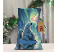RLDOBOFE Reusable Gift Wrapping Bag for Holiday Party FavorsPolar Bears & Northern Lights Christmas Gift Bag Burlap Xmas Drawstring Gift Sack with Tag & Tie, Medium Christmas Bags for Gifts