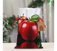 RLDOBOFE Reusable Gift Wrapping Bag for Holiday Party FavorsRed Apple Fruit Christmas Gift Bag Burlap Xmas Drawstring Gift Sack with Tag & Tie, Medium Christmas Bags for Gifts