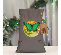RLDOBOFE Reusable Gift Wrapping Bag for Holiday Party FavorsSun And Moon Green Moth Christmas Gift Bag Burlap Xmas Drawstring Gift Sack with Tag & Tie, Small Christmas Bags for Gifts