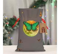 RLDOBOFE Reusable Gift Wrapping Bag for Holiday Party FavorsSun And Moon Green Moth Christmas Gift Bag Burlap Xmas Drawstring Gift Sack with Tag & Tie, Small Christmas Bags for Gifts