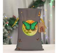 RLDOBOFE Reusable Gift Wrapping Bag for Holiday Party FavorsSun And Moon Green Moth Christmas Gift Bag Burlap Xmas Drawstring Gift Sack with Tag & Tie, Small Christmas Bags for Gifts