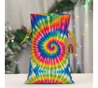 RLDOBOFE Reusable Gift Wrapping Bag for Holiday Party FavorsTie Dye Rainbow Christmas Gift Bag Burlap Xmas Drawstring Gift Sack with Tag & Tie, Medium Christmas Bags for Gifts