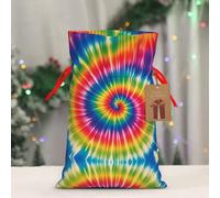RLDOBOFE Reusable Gift Wrapping Bag for Holiday Party FavorsTie Dye Rainbow Christmas Gift Bag Burlap Xmas Drawstring Gift Sack with Tag & Tie, Small Christmas Bags for Gifts