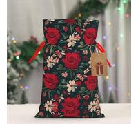RLDOBOFE Reusable Gift Wrapping Bag for Holiday Party FavorsVintage Flower Red Rose Christmas Gift Bag Burlap Xmas Drawstring Gift Sack with Tag & Tie, Medium Christmas Bags for Gifts