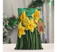RLDOBOFE Reusable Gift Wrapping Bag for Holiday Party FavorsYellow Daffodils Flowers Christmas Gift Bag Burlap Xmas Drawstring Gift Sack with Tag & Tie, Small Christmas Bags for Gifts