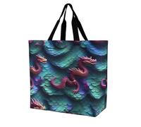 RLDOBOFE Reusable Grocery Bags, Foldable Shopping Bag with Strong Handles, Large Capacity 3D Magical Dragon Scales Tote Bags for Travel, Waterproof Shoulder Bag for Work, Beach, Picnic, Bulk Gifts