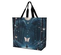 RLDOBOFE Reusable Grocery Bags, Foldable Shopping Bag with Strong Handles, Large Capacity Black Light Fantasy Forest Tote Bags for Travel, Waterproof Shoulder Bag for Work, Beach, Picnic, Bulk Gifts