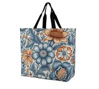 RLDOBOFE Reusable Grocery Bags, Foldable Shopping Bag with Strong Handles, Large Capacity Blue And Orange Flowers Tote Bags for Travel, Waterproof Shoulder Bag for Work, Beach, Picnic, Bulk Gifts