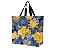 RLDOBOFE Reusable Grocery Bags, Foldable Shopping Bag with Strong Handles, Large Capacity Blue Base Yellow Floral Tote Bags for Travel, Waterproof Shoulder Bag for Work, Beach, Picnic, Bulk Gifts