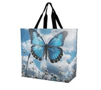 RLDOBOFE Reusable Grocery Bags, Foldable Shopping Bag with Strong Handles, Large Capacity Blue Butterfly And Clouds Tote Bags for Travel, Waterproof Shoulder Bag for Work, Beach, Picnic, Bulk Gifts
