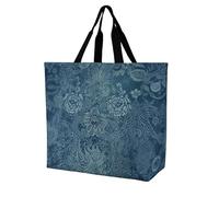 RLDOBOFE Reusable Grocery Bags, Foldable Shopping Bag with Strong Handles, Large Capacity Blue Floral Lace Tote Bags for Travel, Waterproof Shoulder Bag for Work, Beach, Picnic, Bulk Gifts