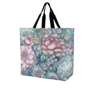 RLDOBOFE Reusable Grocery Bags, Foldable Shopping Bag with Strong Handles, Large Capacity Blue Style Flowers Tote Bags for Travel, Waterproof Shoulder Bag for Work, Beach, Picnic, Bulk Gifts