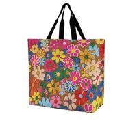 RLDOBOFE Reusable Grocery Bags, Foldable Shopping Bag with Strong Handles, Large Capacity Bright Flower Style Tote Bags for Travel, Waterproof Shoulder Bag for Work, Beach, Picnic, Bulk Gifts