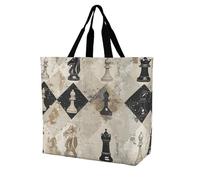 RLDOBOFE Reusable Grocery Bags, Foldable Shopping Bag with Strong Handles, Large Capacity Chess Piece Brown Pattern Tote Bags for Travel, Waterproof Shoulder Bag for Work, Beach, Picnic, Bulk Gifts