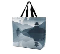 RLDOBOFE Reusable Grocery Bags, Foldable Shopping Bag with Strong Handles, Large Capacity Chinese Style Landscape Tote Bags for Travel, Waterproof Shoulder Bag for Work, Beach, Picnic, Bulk Gifts