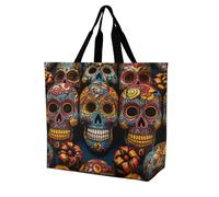 RLDOBOFE Reusable Grocery Bags, Foldable Shopping Bag with Strong Handles, Large Capacity Colorful Sugar Skulls Tote Bags for Travel, Waterproof Shoulder Bag for Work, Beach, Picnic, Bulk Gifts