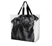 RLDOBOFE Reusable Grocery Bags, Foldable Shopping Bag with Strong Handles, Large Capacity Cute Black Pug Dog Tote Bags for Travel, Waterproof Shoulder Bag for Work, Beach, Picnic, Bulk Gifts