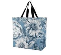 RLDOBOFE Reusable Grocery Bags, Foldable Shopping Bag with Strong Handles, Large Capacity Floral Blue And White Tote Bags for Travel, Waterproof Shoulder Bag for Work, Beach, Picnic, Bulk Gifts