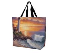 RLDOBOFE Reusable Grocery Bags, Foldable Shopping Bag with Strong Handles, Large Capacity Lighthouse at Sunset Tote Bags for Travel, Waterproof Shoulder Bag for Work, Beach, Picnic, Bulk Gifts