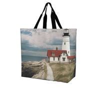 RLDOBOFE Reusable Grocery Bags, Foldable Shopping Bag with Strong Handles, Large Capacity Lighthouse Backdrop Tote Bags for Travel, Waterproof Shoulder Bag for Work, Beach, Picnic, Bulk Gifts