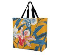 RLDOBOFE Reusable Grocery Bags, Foldable Shopping Bag with Strong Handles, Large Capacity Mustard Yellow Pattern Tote Bags for Travel, Waterproof Shoulder Bag for Work, Beach, Picnic, Bulk Gifts