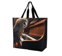 RLDOBOFE Reusable Grocery Bags, Foldable Shopping Bag with Strong Handles, Large Capacity Owl Plays Piano Tote Bags for Travel, Waterproof Shoulder Bag for Work, Beach, Picnic, Bulk Gifts