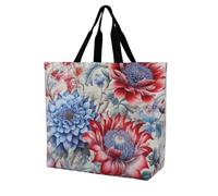 RLDOBOFE Reusable Grocery Bags, Foldable Shopping Bag with Strong Handles, Large Capacity Red And Blue Flowers Tote Bags for Travel, Waterproof Shoulder Bag for Work, Beach, Picnic, Bulk Gifts