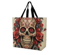 RLDOBOFE Reusable Grocery Bags, Foldable Shopping Bag with Strong Handles, Large Capacity Red Rose Sugar Skull Tote Bags for Travel, Waterproof Shoulder Bag for Work, Beach, Picnic, Bulk Gifts