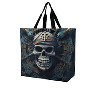 RLDOBOFE Reusable Grocery Bags, Foldable Shopping Bag with Strong Handles, Large Capacity Skeleton Pirate Tote Bags for Travel, Waterproof Shoulder Bag for Work, Beach, Picnic, Bulk Gifts