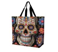 RLDOBOFE Reusable Grocery Bags, Foldable Shopping Bag with Strong Handles, Large Capacity Sugar Skulls Tote Bags for Travel, Waterproof Shoulder Bag for Work, Beach, Picnic, Bulk Gifts