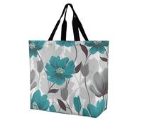 RLDOBOFE Reusable Grocery Bags, Foldable Shopping Bag with Strong Handles, Large Capacity Teal Grey And White Floral Tote Bags for Travel, Waterproof Shoulder Bag for Work, Beach, Picnic, Bulk Gifts