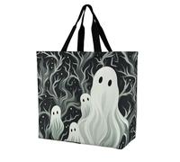 RLDOBOFE Reusable Grocery Bags, Foldable Shopping Bag with Strong Handles, Large Capacity White Patterned Ghost Tote Bags for Travel, Waterproof Shoulder Bag for Work, Beach, Picnic, Bulk Gifts