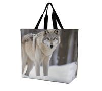 RLDOBOFE Reusable Grocery Bags, Foldable Shopping Bag with Strong Handles, Large Capacity Wolf in The Snow Tote Bags for Travel, Waterproof Shoulder Bag for Work, Beach, Picnic, Bulk Gifts