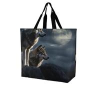 RLDOBOFE Reusable Grocery Bags, Foldable Shopping Bag with Strong Handles, Large Capacity Wolves In The Moonlight Tote Bags for Travel, Waterproof Shoulder Bag for Work, Beach, Picnic, Bulk Gifts