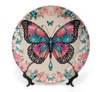 RLDOBOFE Rhinestone Butterfly Decorative Plate Ceramic Display Plate with Stand Salad Plates Colorful Porcelain Dinner Dishes Dessert Appetizer Dishes for Kitchen Party Table Decor 10inch