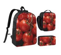 RLDOBOFE Ripe Red Tomatoes Backpack Set 3 PCS - 17 Inch Laptop Backpack with Lunch Bag, Waterproof Daypack Insulated Lunch Box Large Capacity Coin Pouch Personalized Gift