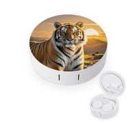 RLDOBOFE Rising Sun Tiger Round Contact Lens Case, Portable Contact Lens Box with Mirror, Compact Holder Container for Daily Makeup Office Travel Outdoor