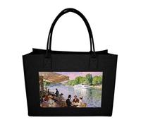 RLDOBOFE Riverside Café Scene Felt Tote Bag Reusable Foldable Grocery Bag Versatile Large Capacity Commuter Handbag, Black, One Size