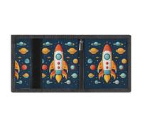 RLDOBOFE Rocket Space Ship Trifold Wallet Minimalist Mens Wallet with Key Hook 8 Card Slots Modern Stylish Polyester Security Wallets Fashion Slim Credit Card Holder Id Window