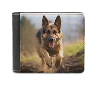 RLDOBOFE Running German Shepherd Dog Wallet Passcase for Men, Extra Capacity Bifold Leather Wallets with ID Windows, Slim Stylish Wallet for Gift, Blocking Money Clip for Cards, Coin Pouch