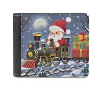 RLDOBOFE Santa's Train Wallet Passcase for Men, Extra Capacity Bifold Leather Wallets with ID Windows, Slim Stylish Wallet for Gift, Blocking Money Clip for Cards, Coin Pouch