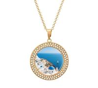 RLDOBOFE Santorini Greek Island Sea View Pendant Necklace for Women Charm Diamond Circle Necklaces with 20 Inch Chain Cute Diamond Jewelry Necklaces for Birthday Christmas Valentine's Day Gift