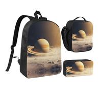 RLDOBOFE Saturn Space Backpack Set 3 PCS - 17 Inch Laptop Backpack with Lunch Bag, Waterproof Daypack Insulated Lunch Box Large Capacity Coin Pouch Personalized Gift
