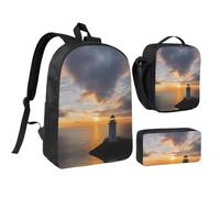 RLDOBOFE Sea and Lighthouse Backpack Set 3 PCS - 17 Inch Laptop Backpack with Lunch Bag, Waterproof Daypack Insulated Lunch Box Large Capacity Coin Pouch Personalized Gift