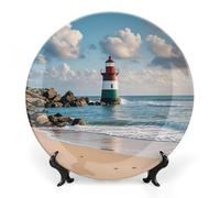 RLDOBOFE Sea Lighthouse Sandbeach Decorative Plate Ceramic Display Plate with Stand Salad Plates Colorful Porcelain Dinner Dishes Dessert Appetizer Dishes for Kitchen Party Table Decor 10inch